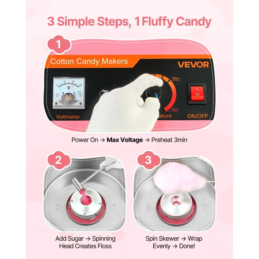 VEVOR Cotton Candy Machine Commercial, 1000W Electric Candy Floss Maker, Easy Use with 15 inch Stainless Steel Bowl and Sugar Scoop, Makes Hard Candy for Home Kids Birthday, Family Party, Pink