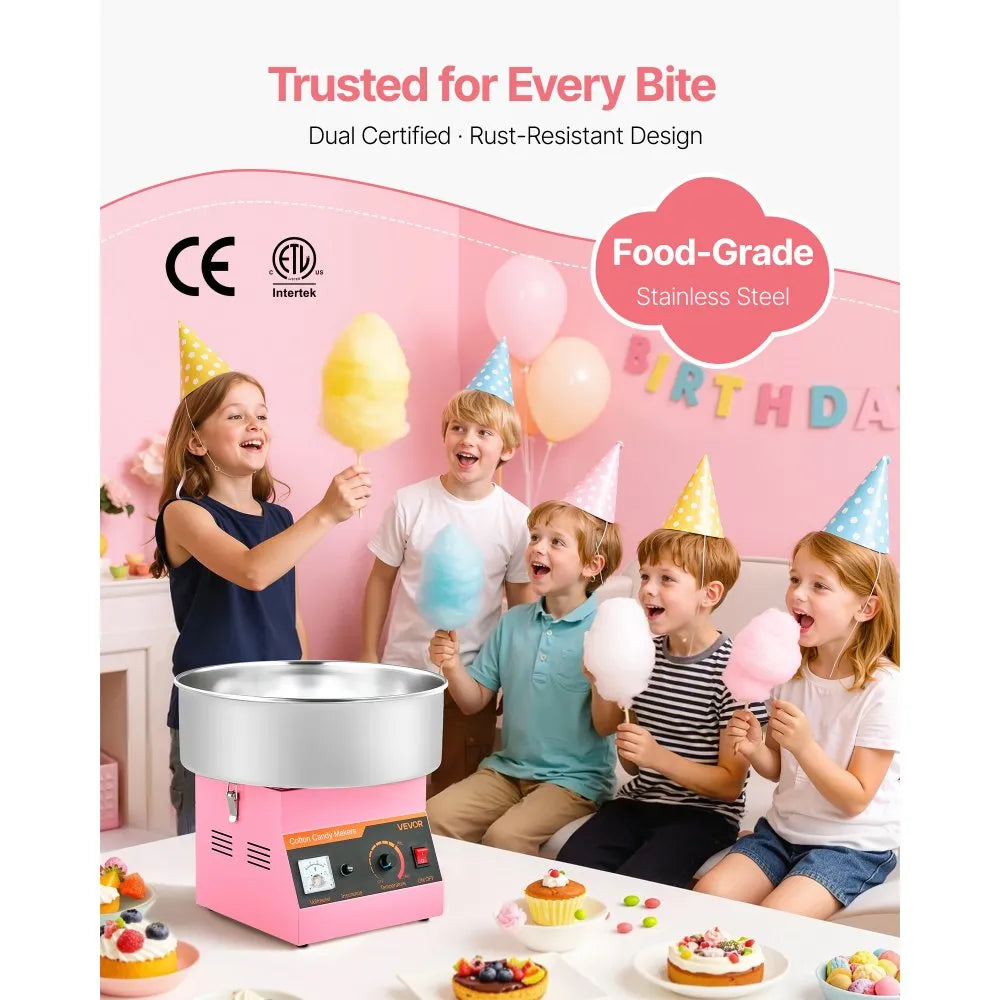 VEVOR Cotton Candy Machine Commercial, 1000W Electric Candy Floss Maker, Easy Use with 15 inch Stainless Steel Bowl and Sugar Scoop, Makes Hard Candy for Home Kids Birthday, Family Party, Pink