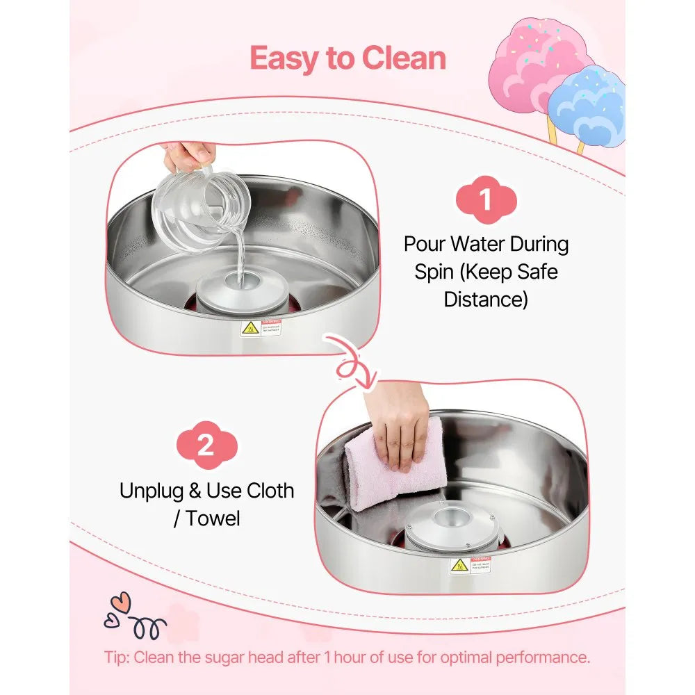 VEVOR Cotton Candy Machine Commercial, 1000W Electric Candy Floss Maker, Easy Use with 15 inch Stainless Steel Bowl and Sugar Scoop, Makes Hard Candy for Home Kids Birthday, Family Party, Pink