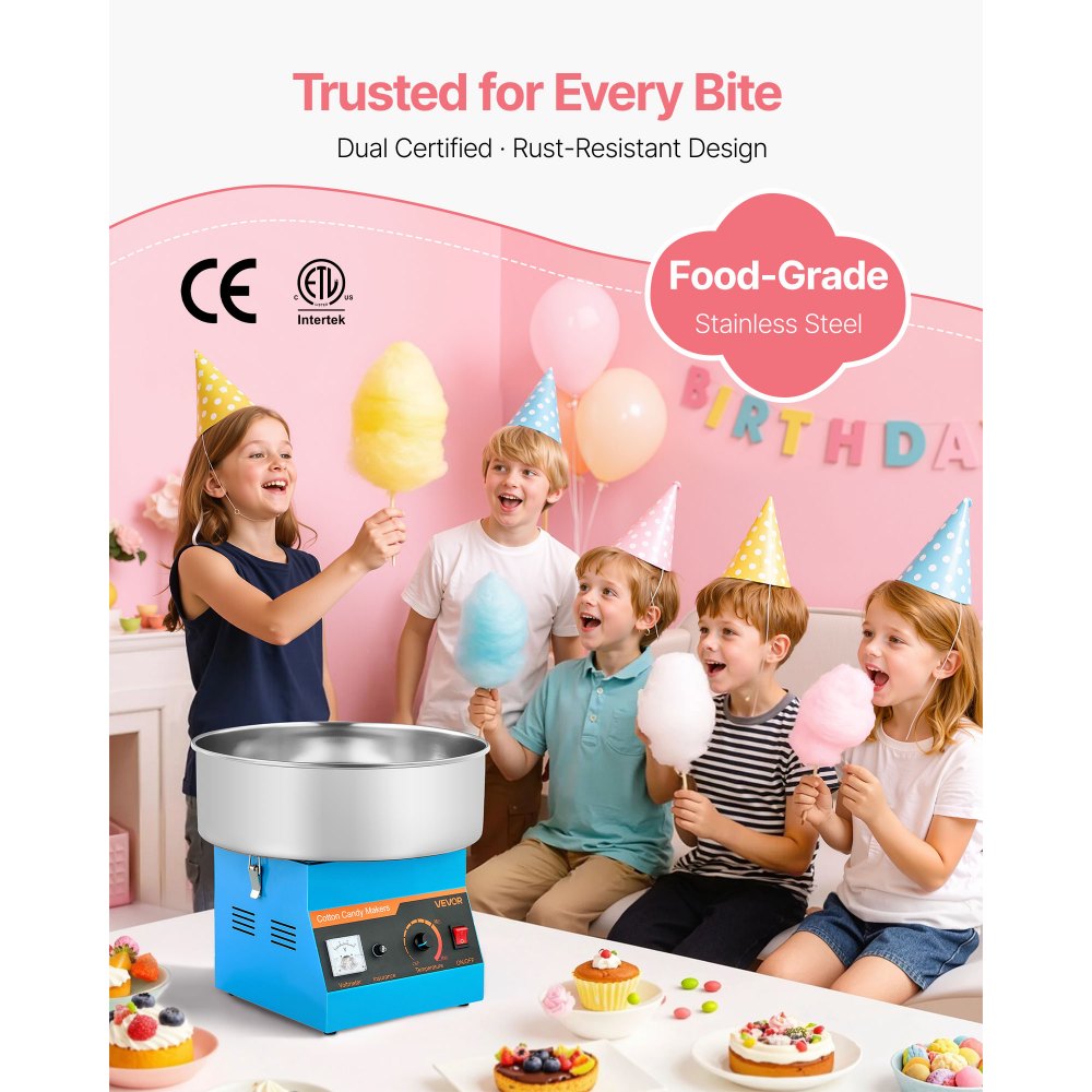 VEVOR Cotton Candy Machine Commercial, 1000W Electric Candy Floss Maker, Easy Use with 15 inch Stainless Steel Bowl and Sugar Scoop, Makes Hard Candy for Home Kids Birthday, Family Party, Blue