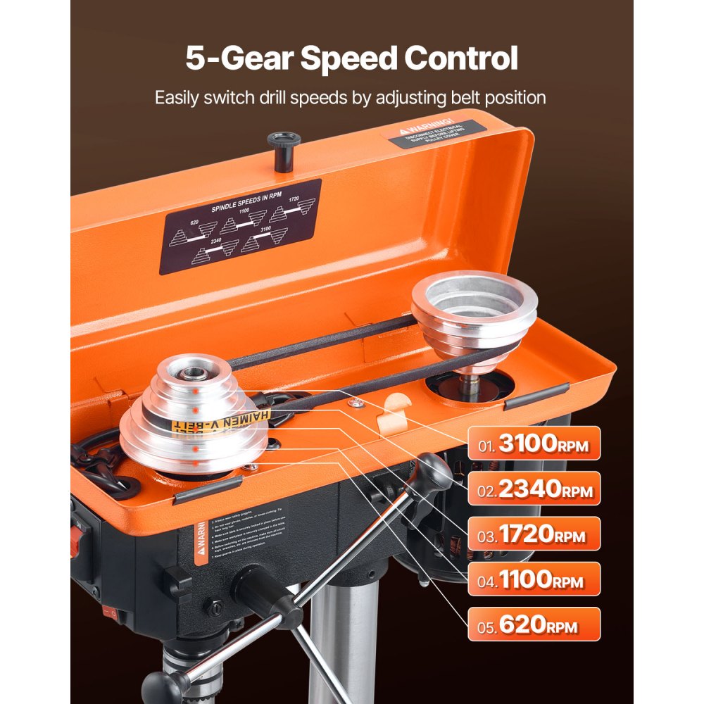 VEVOR 8 in Benchtop Drill Press, 2.5A Induction Motor, Tabletop Drilling Machine with 620 / 1140 / 1740 / 2340 / 3100 RPM Adjustable Speed, 0-45° Tilting Worktable, LED Work Light, for Wood Metal