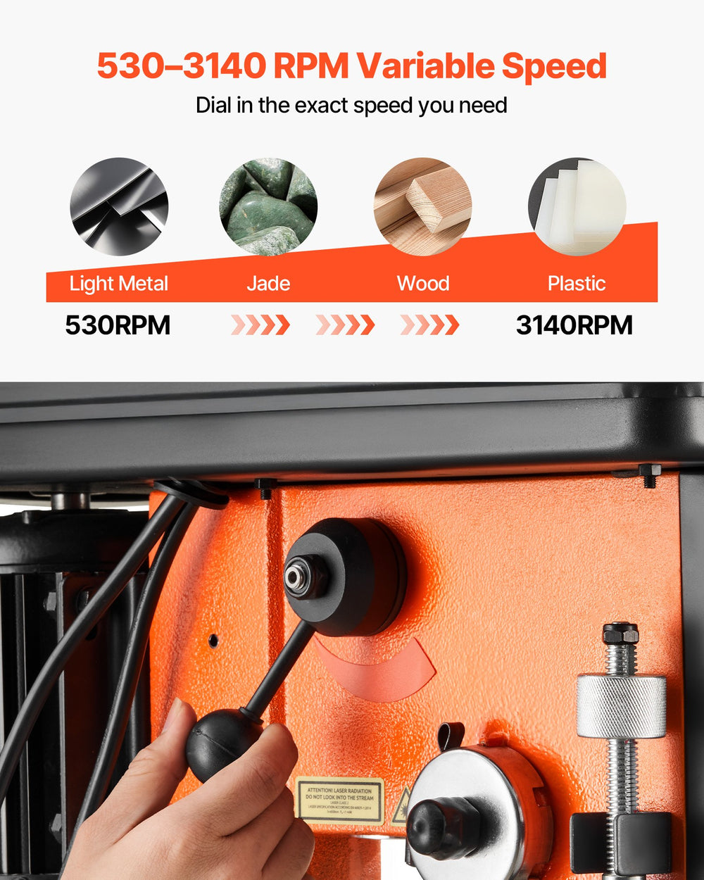VEVOR 12-Inch Benchtop Drill Press, 6.2 Amp, 1 HP Bench Drill Press, 530 to 3140 RPM Variable Speed, 0-45° Tilting Worktable, with Laser and LED Work Light, Tabletop Drilling Machine, for Wood Metal