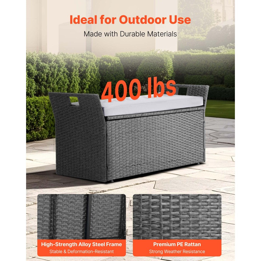 VEVOR Outdoor Storage Bench, 2-Person PE Rattan Storage Bench, 40 Gal Deck Box with Cushion & Side Handle, Supports up to 400 lbs, Weatherproof Outdoor Seating & Porch Decor for Patio Garden Balcony
