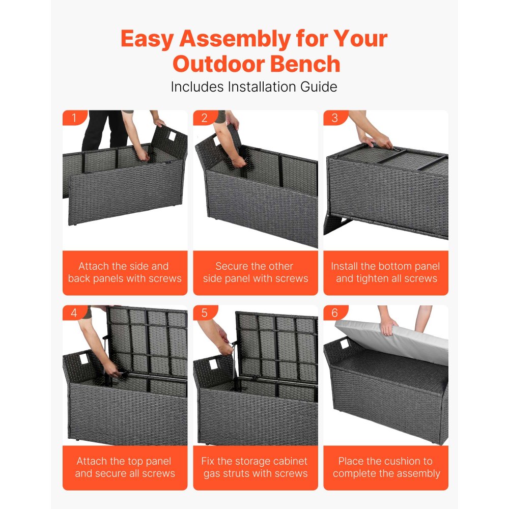 VEVOR Outdoor Storage Bench, 2-Person PE Rattan Storage Bench, 40 Gal Deck Box with Cushion & Side Handle, Supports up to 400 lbs, Weatherproof Outdoor Seating & Porch Decor for Patio Garden Balcony