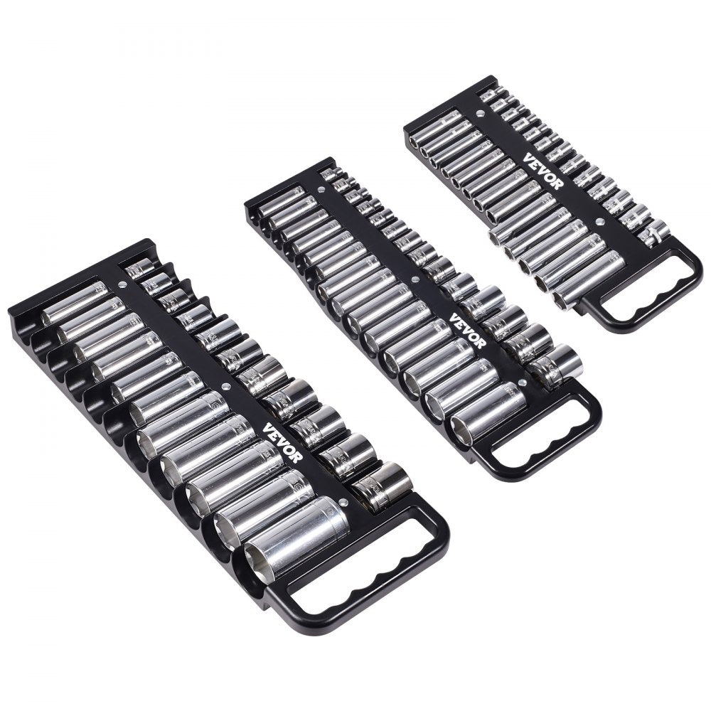 VEVOR Portable Socket Organizer Tray, 3-Piece Metric & SAE Socket Organizer Set, 1/4'', 3/8'' and 1/2'' Heavy-Duty Socket Holder with Handle & Magnetic Base for Tool Box Drawer, Hold up to 76 Sockets