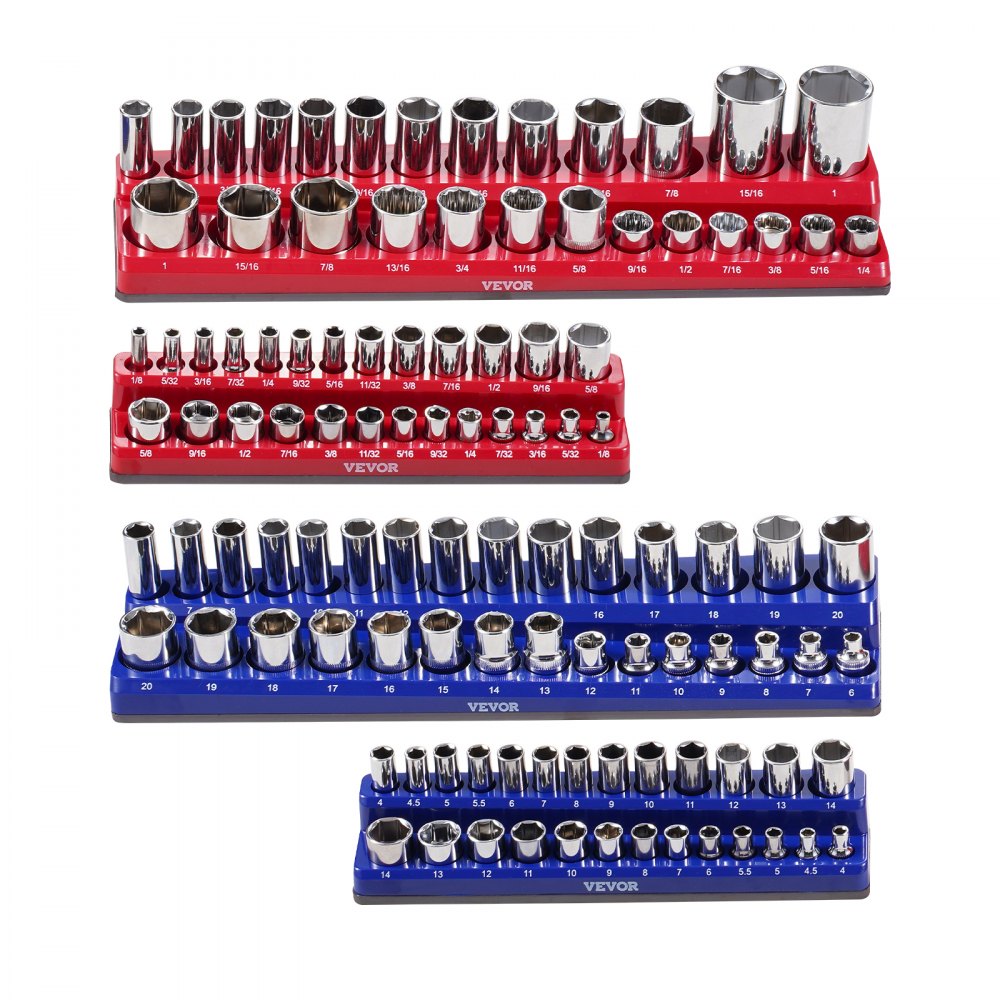 VEVOR Magnetic Socket Organizer Set, 4PCS Magnetic Socket Holder, 1/4'' & 3/8'' Metric SAE Socket Trays with Clear Labels, Hold up to 108PCS Standard & Deep Sockets, Blue & Red (Sockets Not Included)