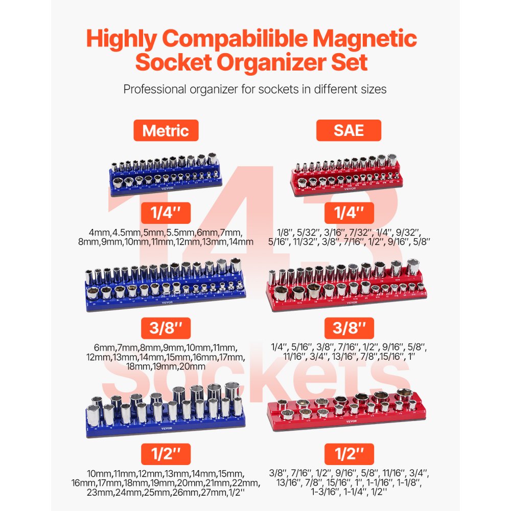 VEVOR Magnetic Socket Organizer Set, 6PCS Socket Holder, 1/4'', 3/8'' & 1/2'' Metric SAE Socket Trays with Clear Labels, Hold up to 143PCS Standard & Deep Sockets, Blue & Red (Sockets Not Included)