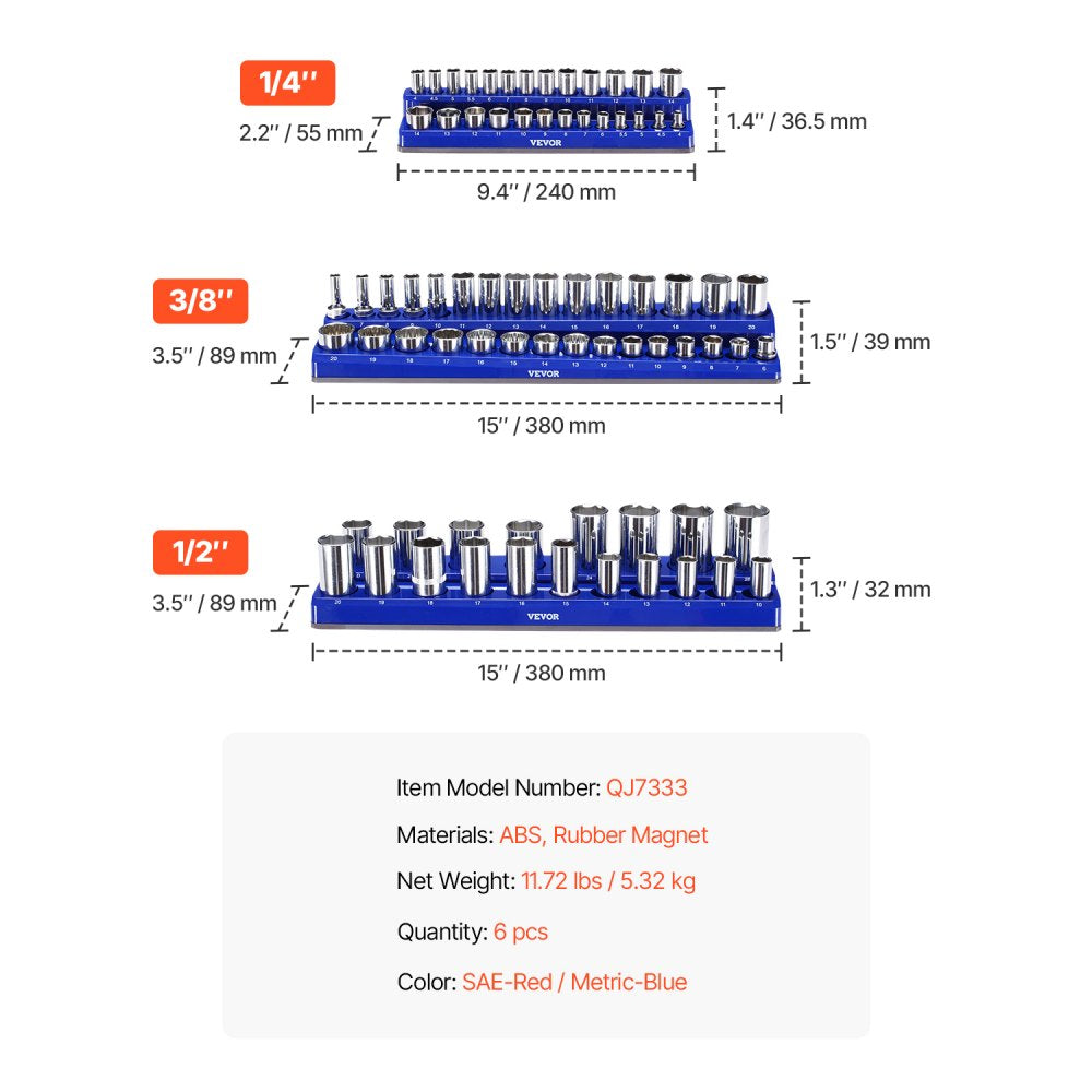 VEVOR Magnetic Socket Organizer Set, 6PCS Socket Holder, 1/4'', 3/8'' & 1/2'' Metric SAE Socket Trays with Clear Labels, Hold up to 143PCS Standard & Deep Sockets, Blue & Red (Sockets Not Included)