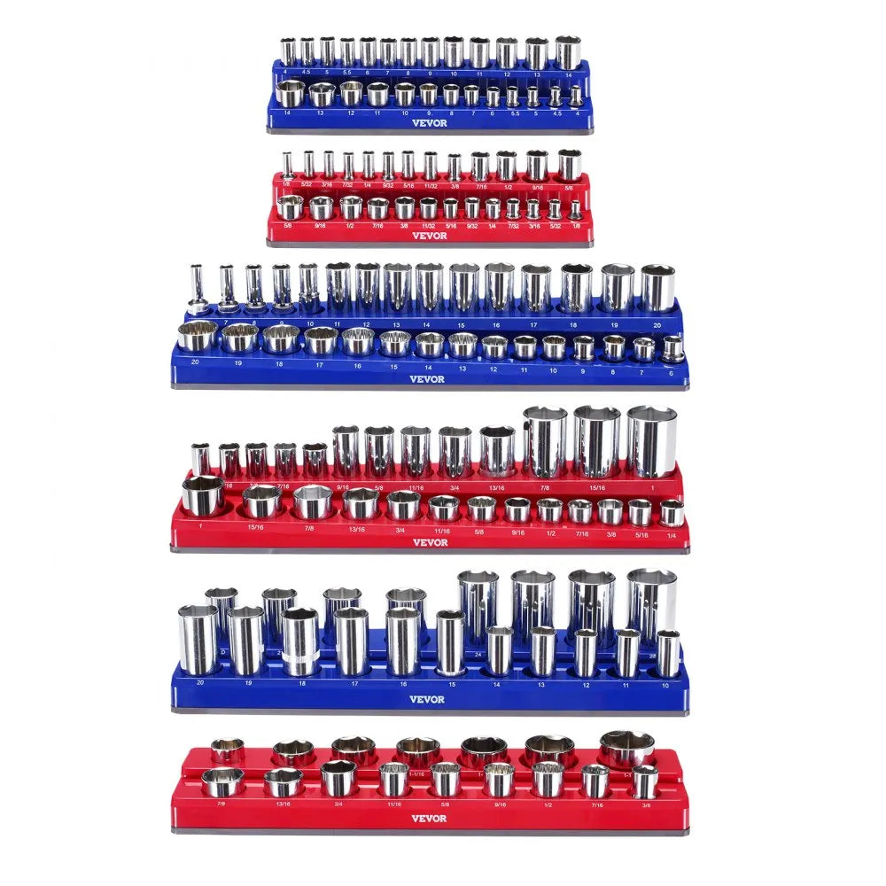VEVOR Magnetic Socket Organizer Set, 6PCS Socket Holder, 1/4'', 3/8'' & 1/2'' Metric SAE Socket Trays with Clear Labels, Hold up to 143PCS Standard & Deep Sockets, Blue & Red (Sockets Not Included)