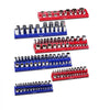 VEVOR Magnetic Socket Organizer Set, 6PCS Socket Holder, 1/4'', 3/8'' & 1/2'' Metric SAE Socket Trays with Clear Labels, Hold up to 143PCS Standard & Deep Sockets, Blue & Red (Sockets Not Included)
