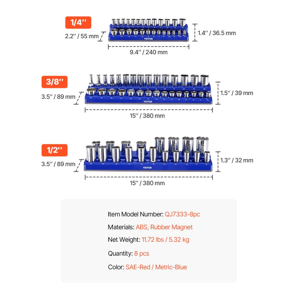 VEVOR Magnetic Socket Organizer Set, 8PCS Socket Holder, 1/4'', 3/8'' & 1/2'' Metric SAE Socket Trays with Clear Labels, Hold up to 199PCS Standard & Deep Sockets, Blaue & Red (Sockets Not Included)