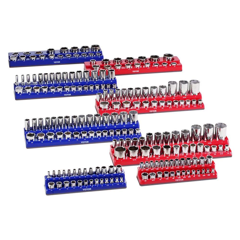 VEVOR Magnetic Socket Organizer Set, 8PCS Socket Holder, 1/4'', 3/8'' & 1/2'' Metric SAE Socket Trays with Clear Labels, Hold up to 199PCS Standard & Deep Sockets, Blaue & Red (Sockets Not Included)