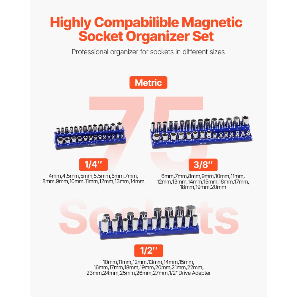 VEVOR Magnetic Socket Organizer Set, 3PCS Magnetic Socket Holder, 1/4'', 3/8'' & 1/2'' Metric Socket Trays with Clear Labels, Hold up to 75PCS Standard & Deep Sockets, Blue (Sockets Not Included)