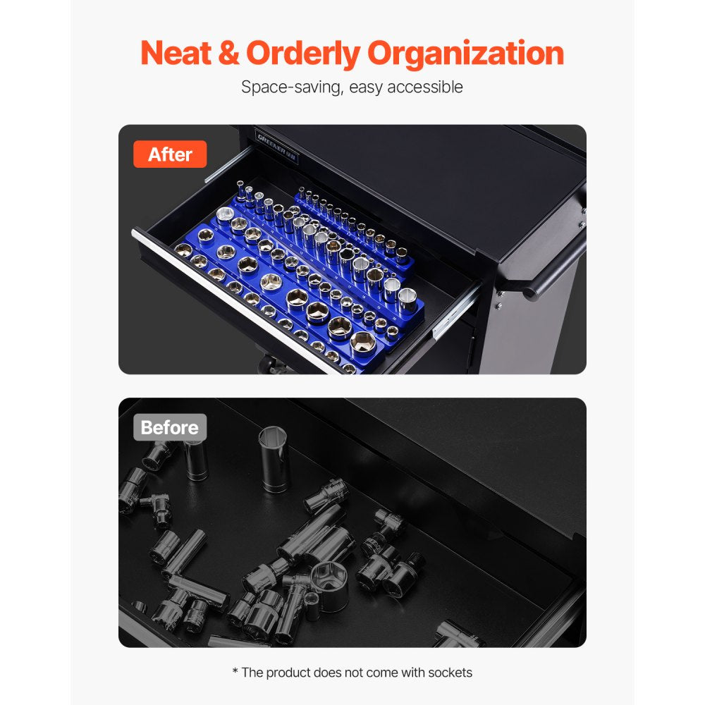 VEVOR Magnetic Socket Organizer Set, 3PCS Magnetic Socket Holder, 1/4'', 3/8'' & 1/2'' Metric Socket Trays with Clear Labels, Hold up to 75PCS Standard & Deep Sockets, Blue (Sockets Not Included)