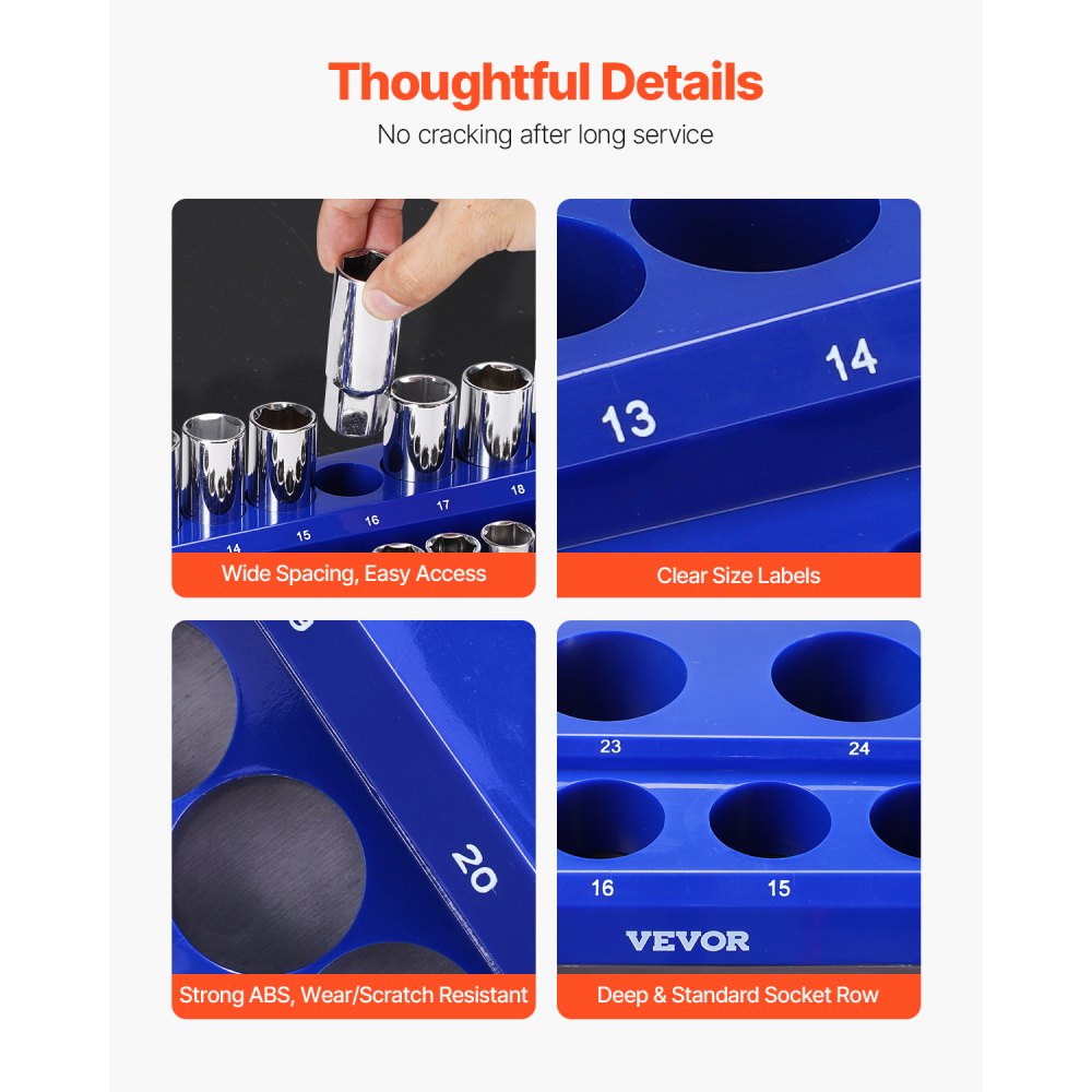 VEVOR Magnetic Socket Organizer Set, 3PCS Magnetic Socket Holder, 1/4'', 3/8'' & 1/2'' Metric Socket Trays with Clear Labels, Hold up to 75PCS Standard & Deep Sockets, Blue (Sockets Not Included)