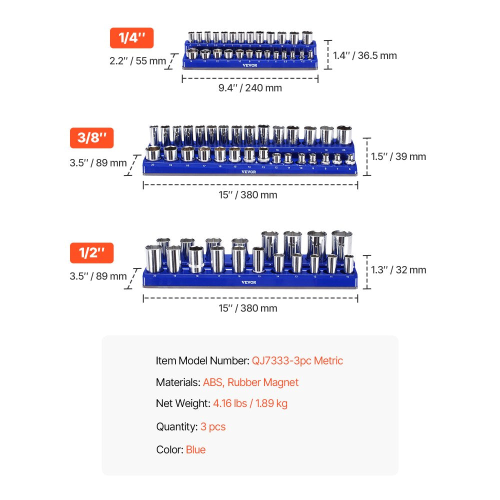 VEVOR Magnetic Socket Organizer Set, 3PCS Magnetic Socket Holder, 1/4'', 3/8'' & 1/2'' Metric Socket Trays with Clear Labels, Hold up to 75PCS Standard & Deep Sockets, Blue (Sockets Not Included)