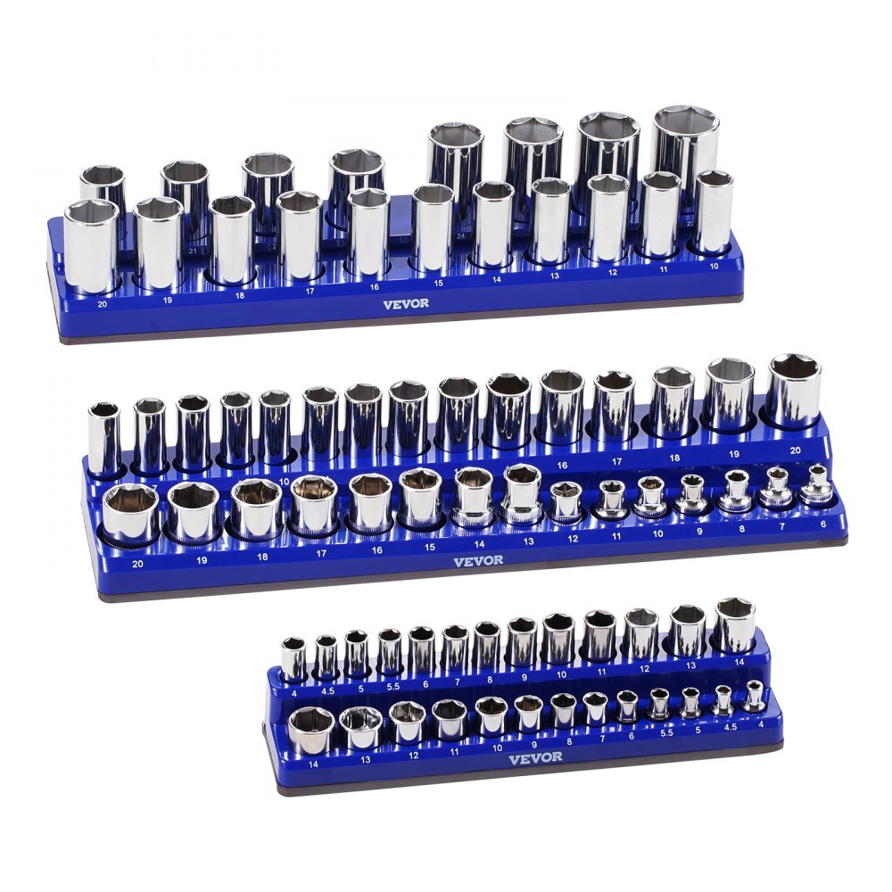 VEVOR Magnetic Socket Organizer Set, 3PCS Magnetic Socket Holder, 1/4'', 3/8'' & 1/2'' Metric Socket Trays with Clear Labels, Hold up to 75PCS Standard & Deep Sockets, Blue (Sockets Not Included)