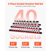 VEVOR Socket Organizer Rail Set, 3PCS Metric & SAE Aluminum Socket Organizers, 1/4'', 3/8'' & 1/2'' Heavy-Duty Socket Holder with 360° Rotating Clips for Tool Box, Hold up to 40 Sockets, Red & Black