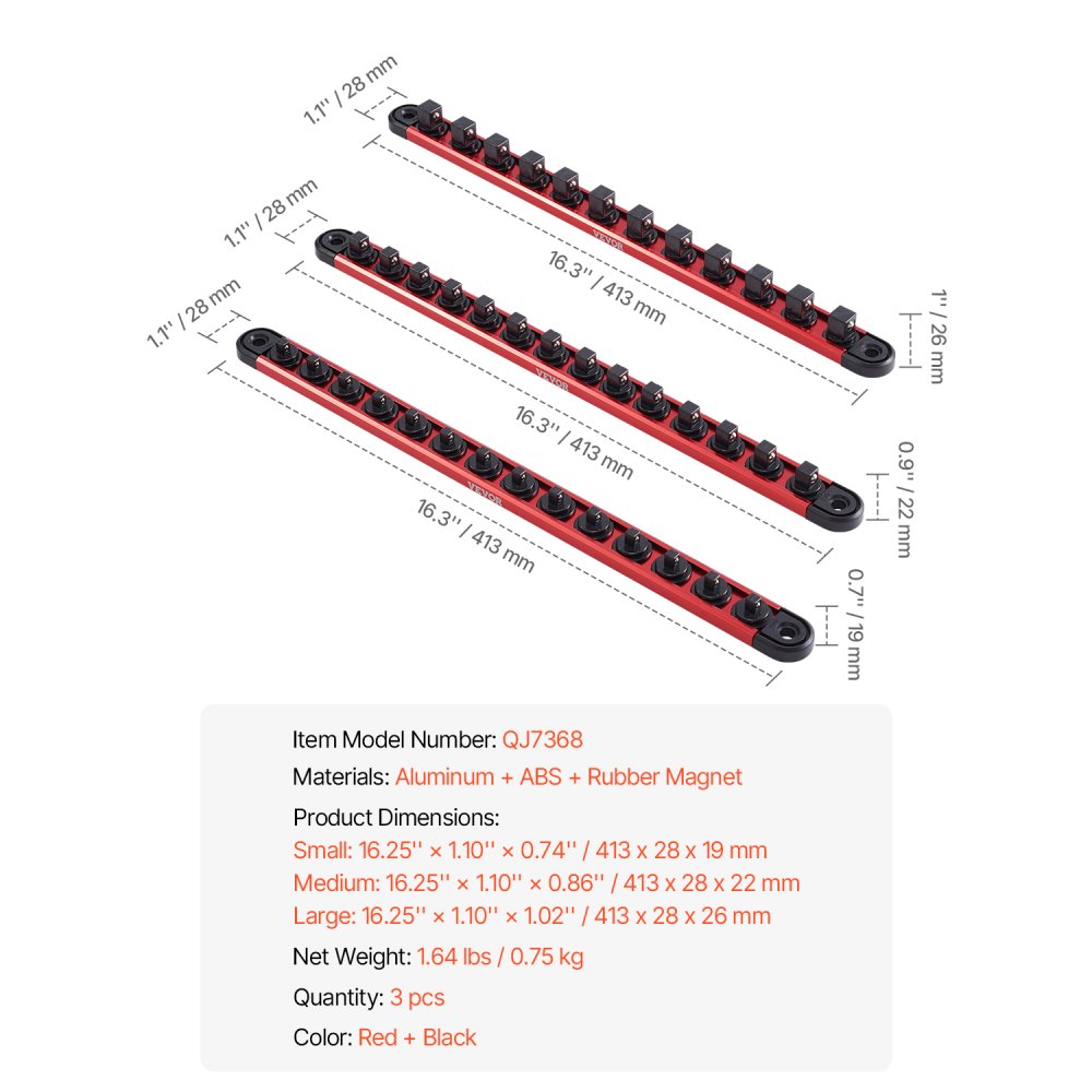 VEVOR Socket Organizer Rail Set, 3PCS Metric & SAE Aluminum Socket Organizers, 1/4'', 3/8'' & 1/2'' Heavy-Duty Socket Holder with 360° Rotating Clips for Tool Box, Hold up to 40 Sockets, Red & Black