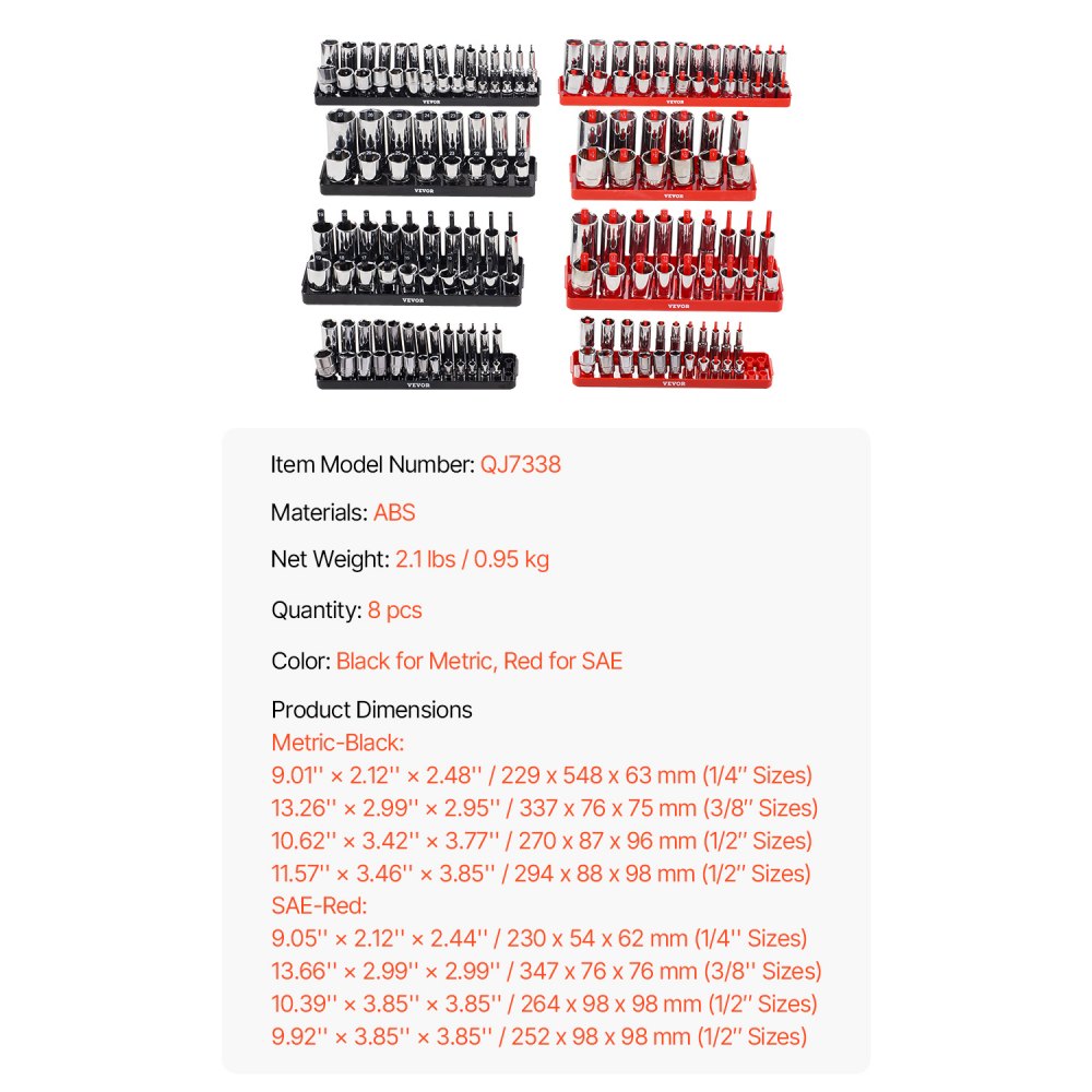 VEVOR Socket Organizer Set, 8PCS High-Rod Socket Holder, 1/4'', 3/8'' & 1/2'' Metric SAE Socket Trays with Clear Labels, Hold up to 176PCS Standard & Deep Sockets, Black & Red (Socket Not Included)