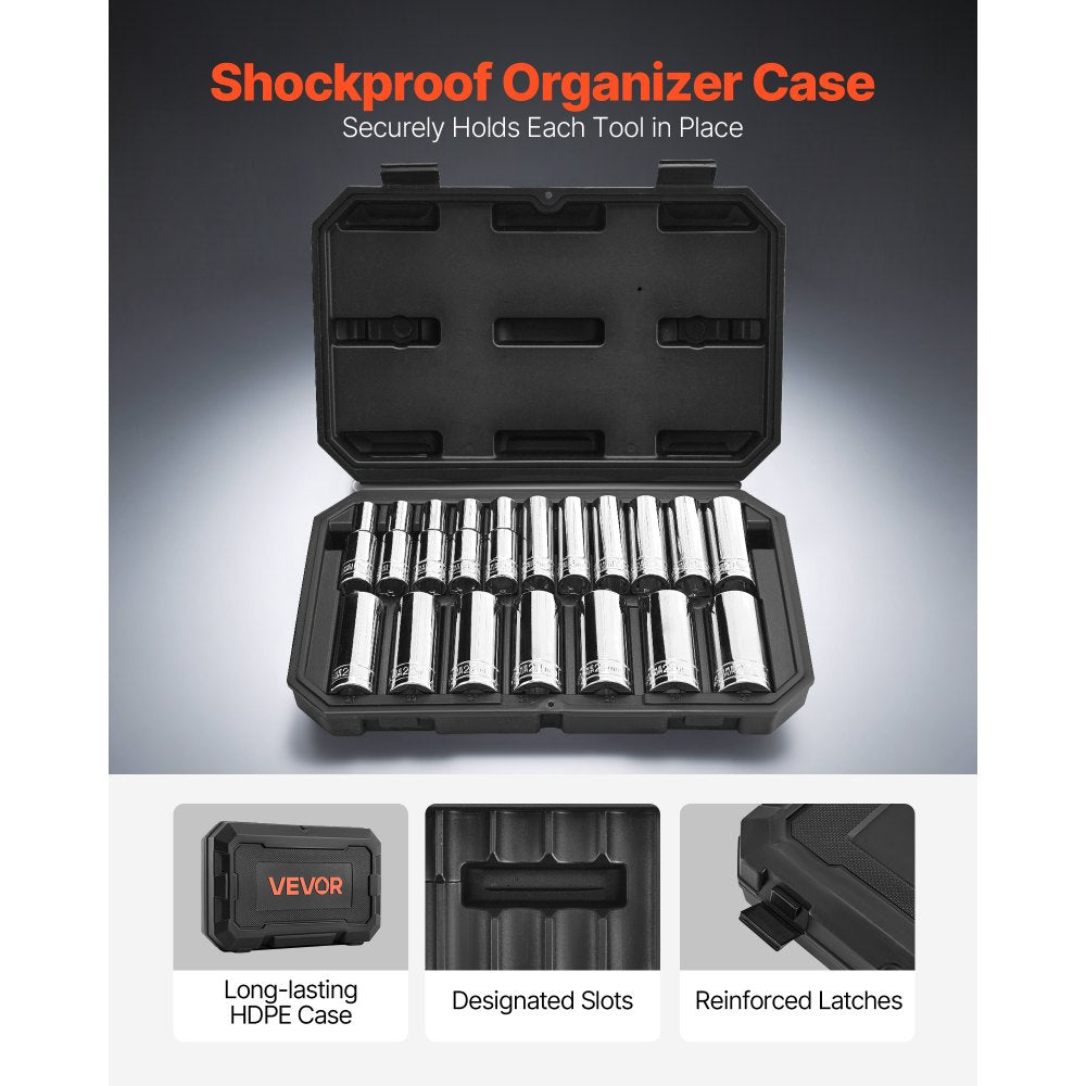 VEVOR Socket Set, 18 Pieces, 1/2 inch Drive Socket Tool Set, Metric Size from 10 to 27 mm, Mechanic Tool Kit with Storage Case, Clear Markings, Chrome Plated CR-V Alloy Steel, for Automotive Repair