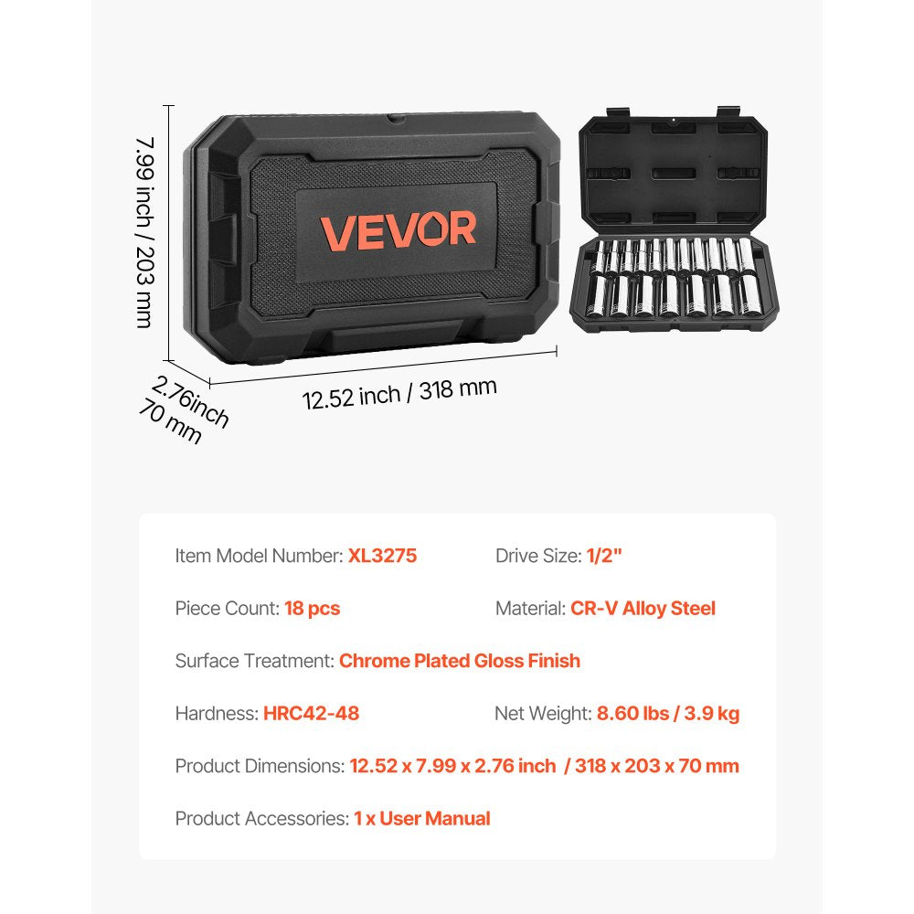 VEVOR Socket Set, 18 Pieces, 1/2 inch Drive Socket Tool Set, Metric Size from 10 to 27 mm, Mechanic Tool Kit with Storage Case, Clear Markings, Chrome Plated CR-V Alloy Steel, for Automotive Repair