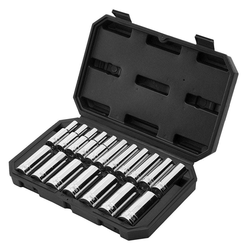 VEVOR Socket Set, 18 Pieces, 1/2 inch Drive Socket Tool Set, Metric Size from 10 to 27 mm, Mechanic Tool Kit with Storage Case, Clear Markings, Chrome Plated CR-V Alloy Steel, for Automotive Repair