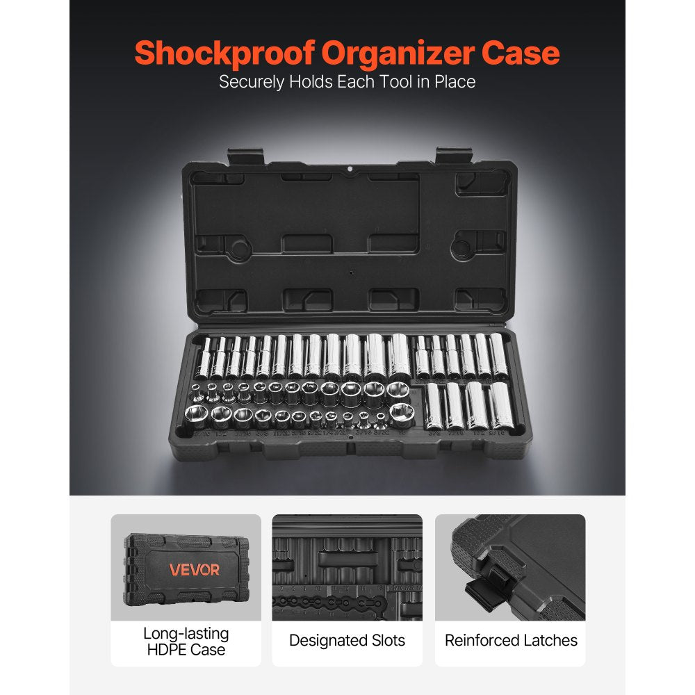 VEVOR Socket Set, 46 Pieces, 1/4 inch Drive Socket Tool Set, SAE and Metric Size, Deep and Standard, Mechanic Tool Kit with Storage Case, Chrome Plated CR-V Alloy Steel, for Automotive Repair