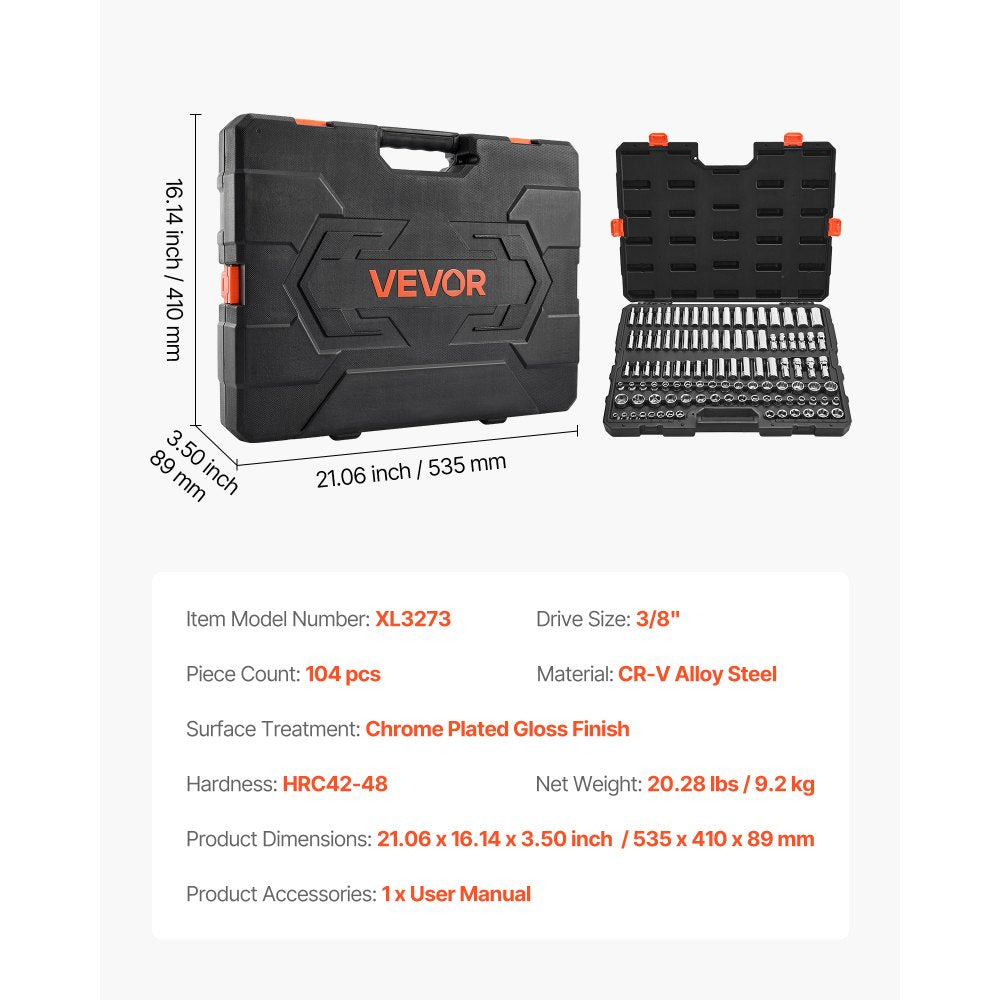 VEVOR Socket Set, 104 Pieces, 3/8 inch Drive Socket Tool Set, Metric Size from 6 to 24 mm, Deep and Standard, Mechanic Tool Kit with Storage Case, Chrome Plated CR-V Alloy Steel, for Automotive Repair