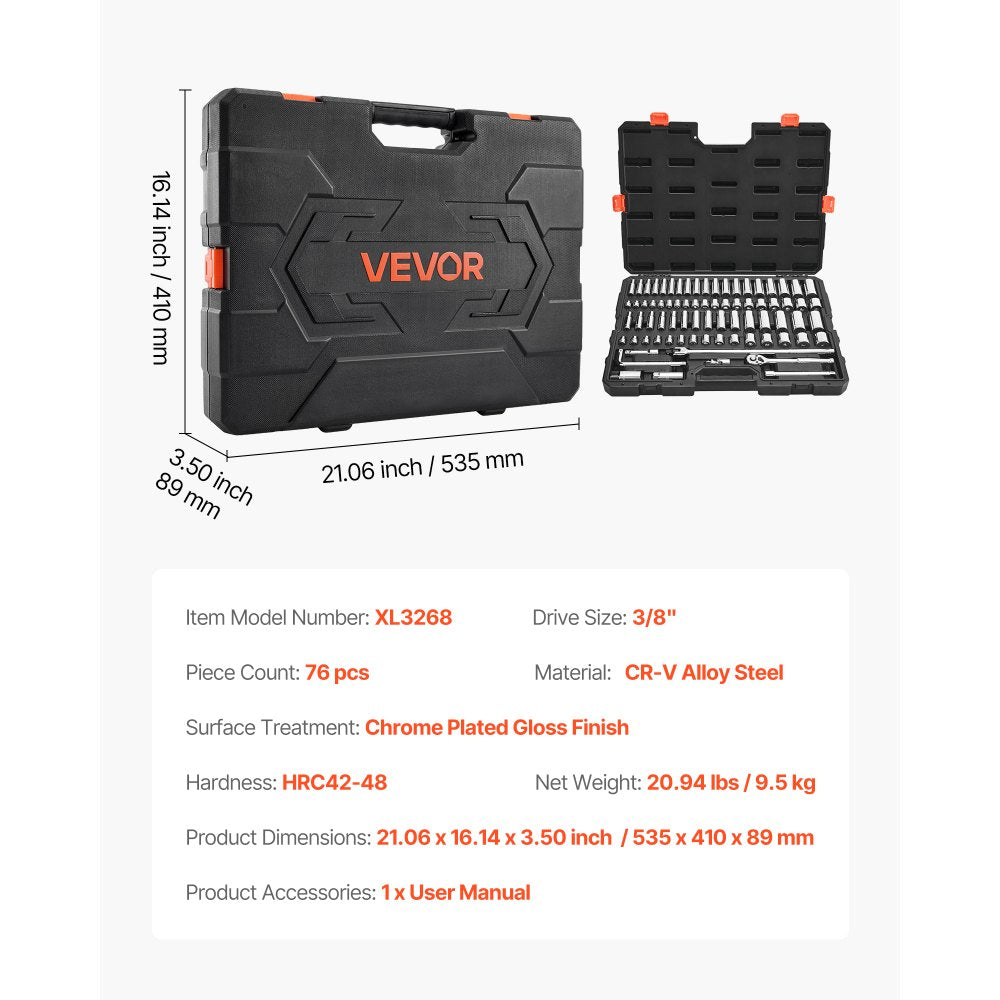 VEVOR Socket Set, 76 Pieces, 3/8 inch Drive Socket and Ratchet Set, SAE and Metric, Deep and Shallow, Mechanic Tool Kit with Accessories and Storage Case, CR-V Alloy Steel, for Automotive Repair