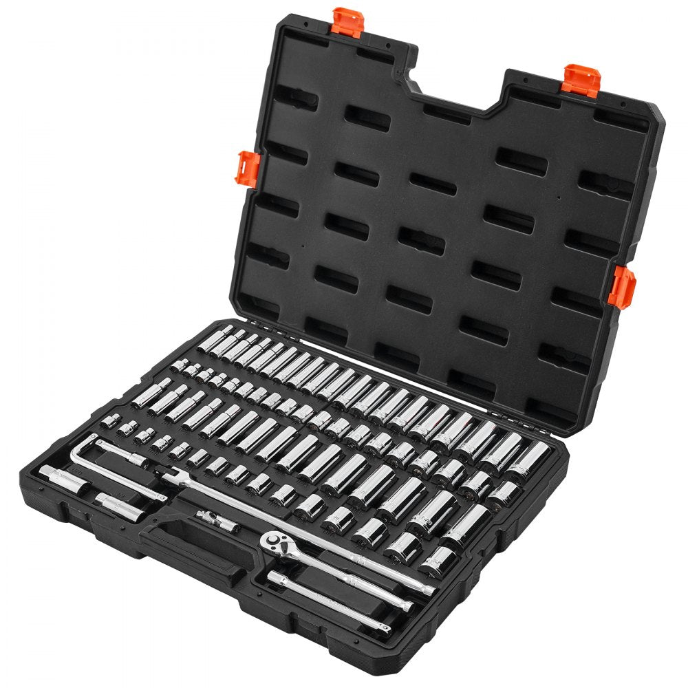 VEVOR Socket Set, 76 Pieces, 3/8 inch Drive Socket and Ratchet Set, SAE and Metric, Deep and Shallow, Mechanic Tool Kit with Accessories and Storage Case, CR-V Alloy Steel, for Automotive Repair