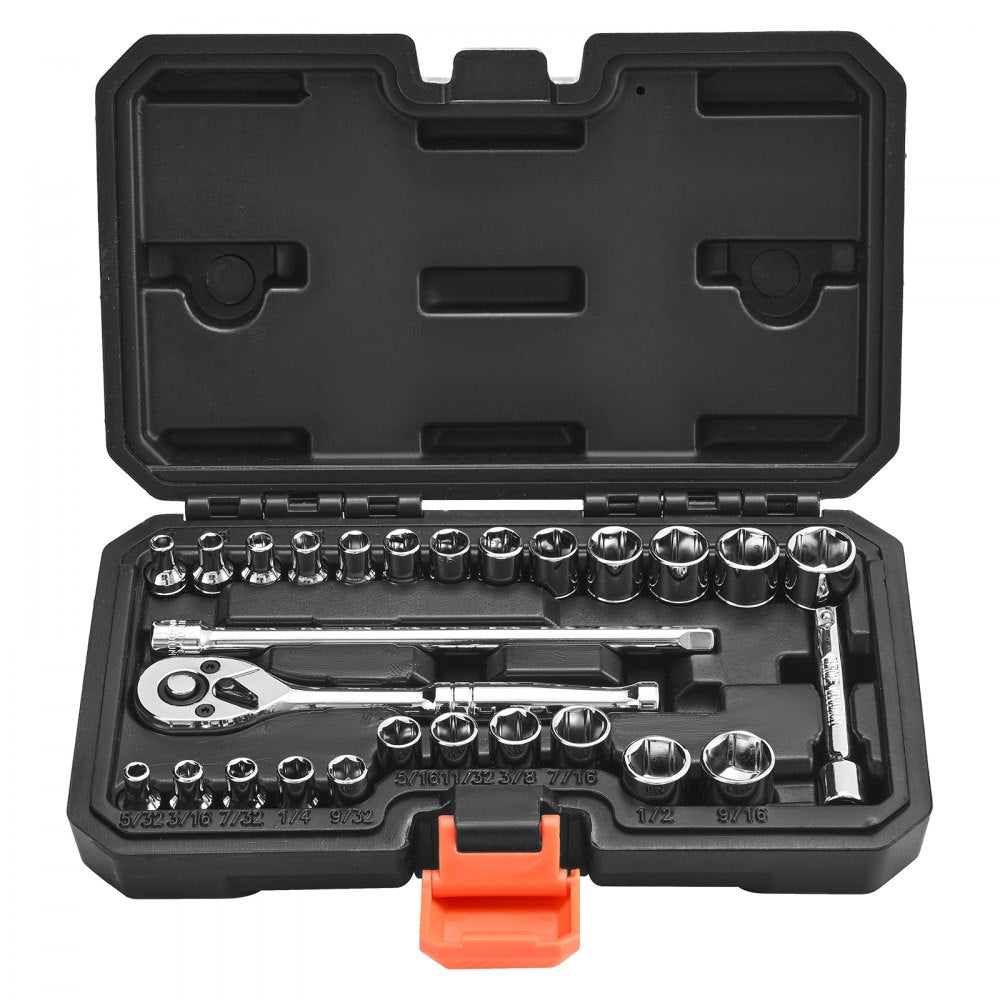 VEVOR Socket Set, 27 Pieces, 1/4 inch Drive Socket and Ratchet Set, SAE and Metric, Mechanic Tool Kit with Ratchet Wrench, Extension Bar and Storage Case, CR-V Alloy Steel, for Automotive Repair