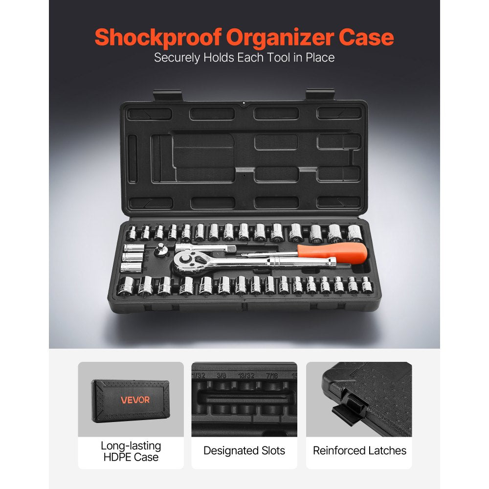 VEVOR Socket Set, 39 Pieces, 3/8 & 1/4 inch Drive Socket and Ratchet Set, SAE and Metric Size, Mechanic Tool Kit with Ratchet Wrench, Accessories, Storage Case, CR-V Alloy Steel, for Automotive Repair