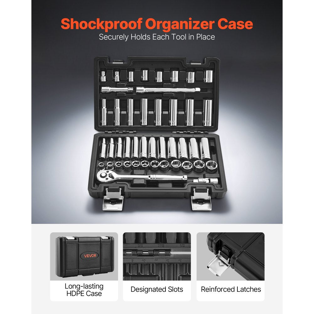 VEVOR Socket Set, 44 Pieces, 3/8 inch Drive Socket and Ratchet Set, SAE and Metric, Deep and Shallow, Mechanic Tool Kit with Accessories and Storage Case, CR-V Alloy Steel, for Automotive Repair
