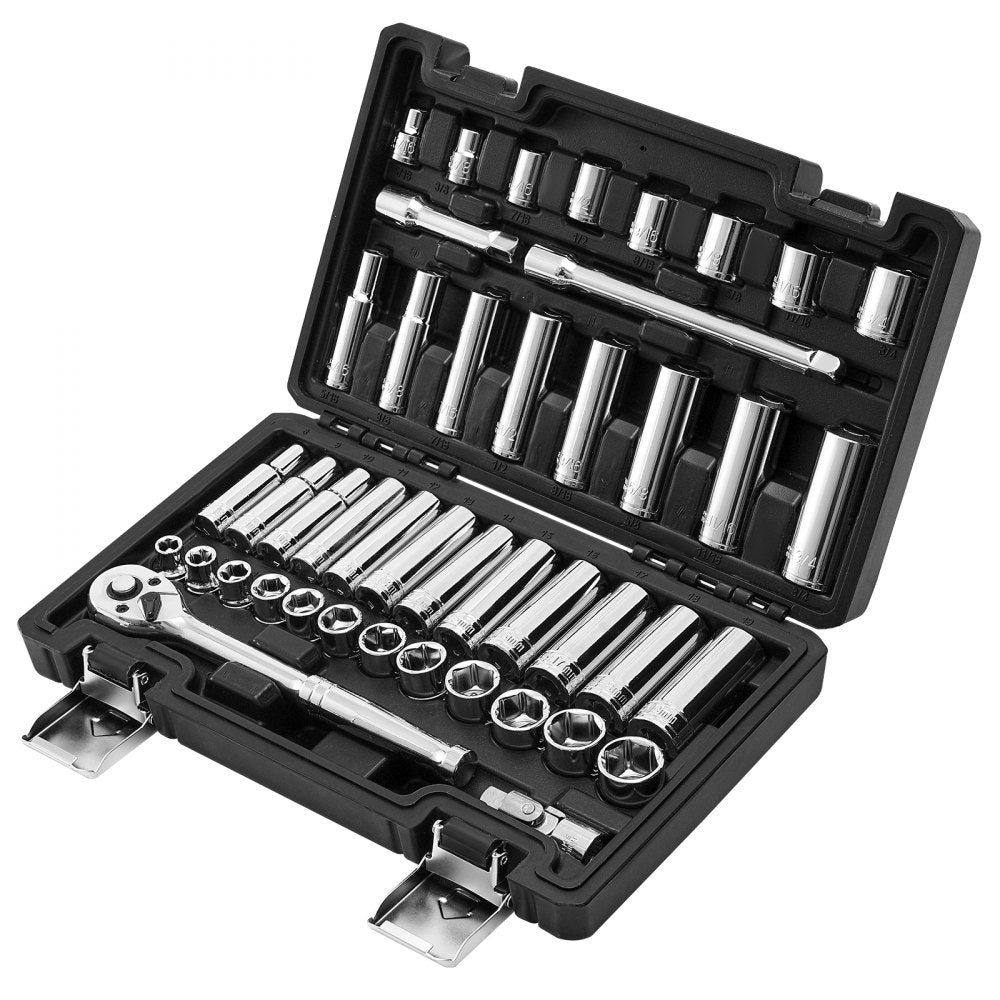 VEVOR Socket Set, 44 Pieces, 3/8 inch Drive Socket and Ratchet Set, SAE and Metric, Deep and Shallow, Mechanic Tool Kit with Accessories and Storage Case, CR-V Alloy Steel, for Automotive Repair