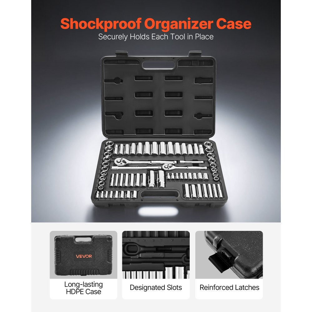 VEVOR Socket Set, 69 Pieces, 3/8 & 1/4 inch Drive Socket and Ratchet Set, SAE and Metric, Deep and Standard, Mechanic Tool Kit with Accessories and Storage Case, CR-V Alloy Steel, for Auto Repair