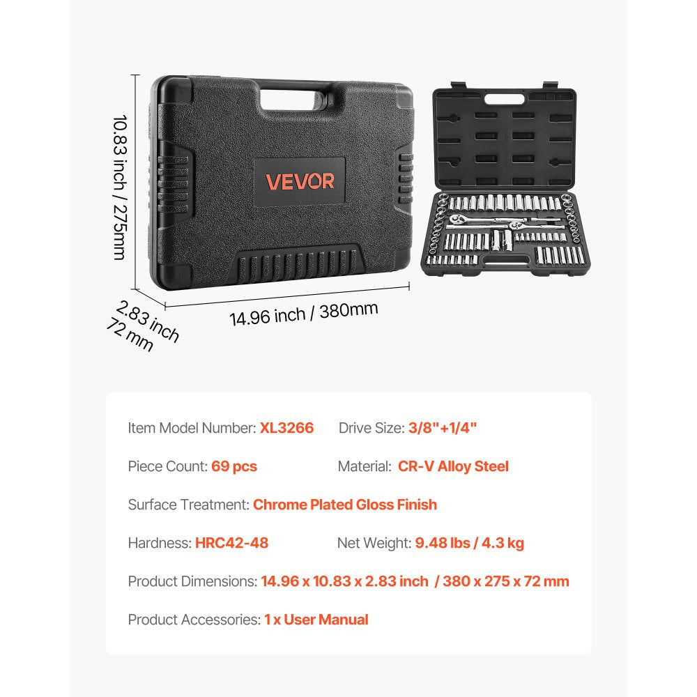 VEVOR Socket Set, 69 Pieces, 3/8 & 1/4 inch Drive Socket and Ratchet Set, SAE and Metric, Deep and Standard, Mechanic Tool Kit with Accessories and Storage Case, CR-V Alloy Steel, for Auto Repair