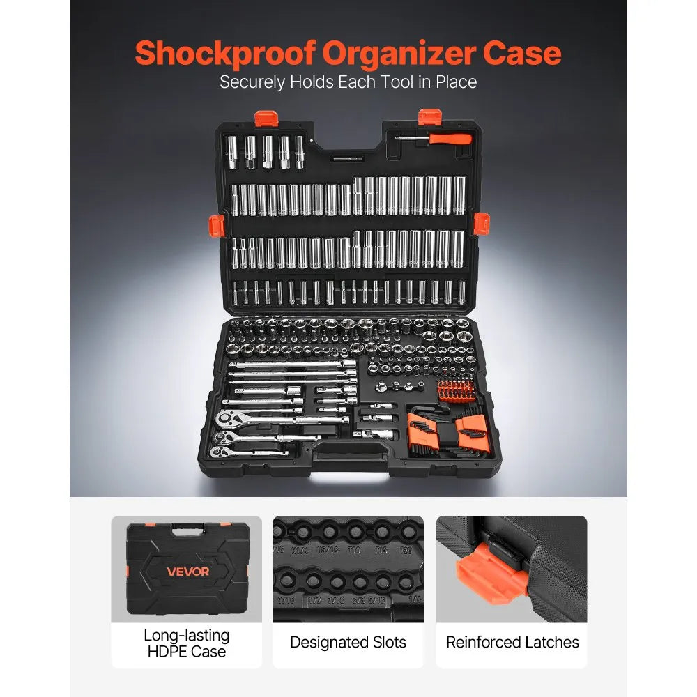 VEVOR Socket Set, 225 Pieces, 3/8 & 1/4 & 1/2 inch Drive Socket and Ratchet Set, SAE and Metric, Deep and Shallow, Mechanic Tool Kit with Bits, Accessories, Storage Case, CR-V Alloy Steel, for Repair