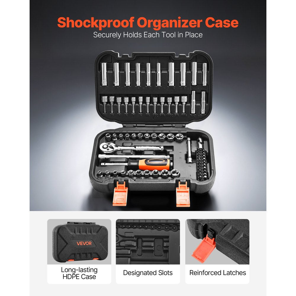 VEVOR Socket Set, 70 Pieces, 1/4 inch Drive Socket and Ratchet Set, SAE and Metric, Deep and Shallow, Mechanic Tool Kit with Bits, Accessories and Storage Case, CR-V Alloy Steel, for Automotive Repair