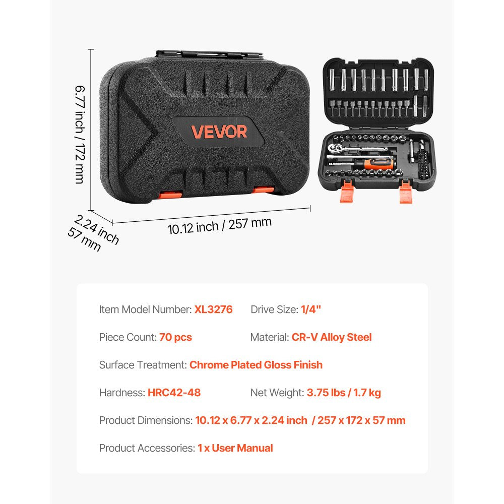 VEVOR Socket Set, 70 Pieces, 1/4 inch Drive Socket and Ratchet Set, SAE and Metric, Deep and Shallow, Mechanic Tool Kit with Bits, Accessories and Storage Case, CR-V Alloy Steel, for Automotive Repair