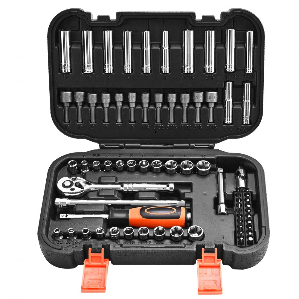 VEVOR Socket Set, 70 Pieces, 1/4 inch Drive Socket and Ratchet Set, SAE and Metric, Deep and Shallow, Mechanic Tool Kit with Bits, Accessories and Storage Case, CR-V Alloy Steel, for Automotive Repair