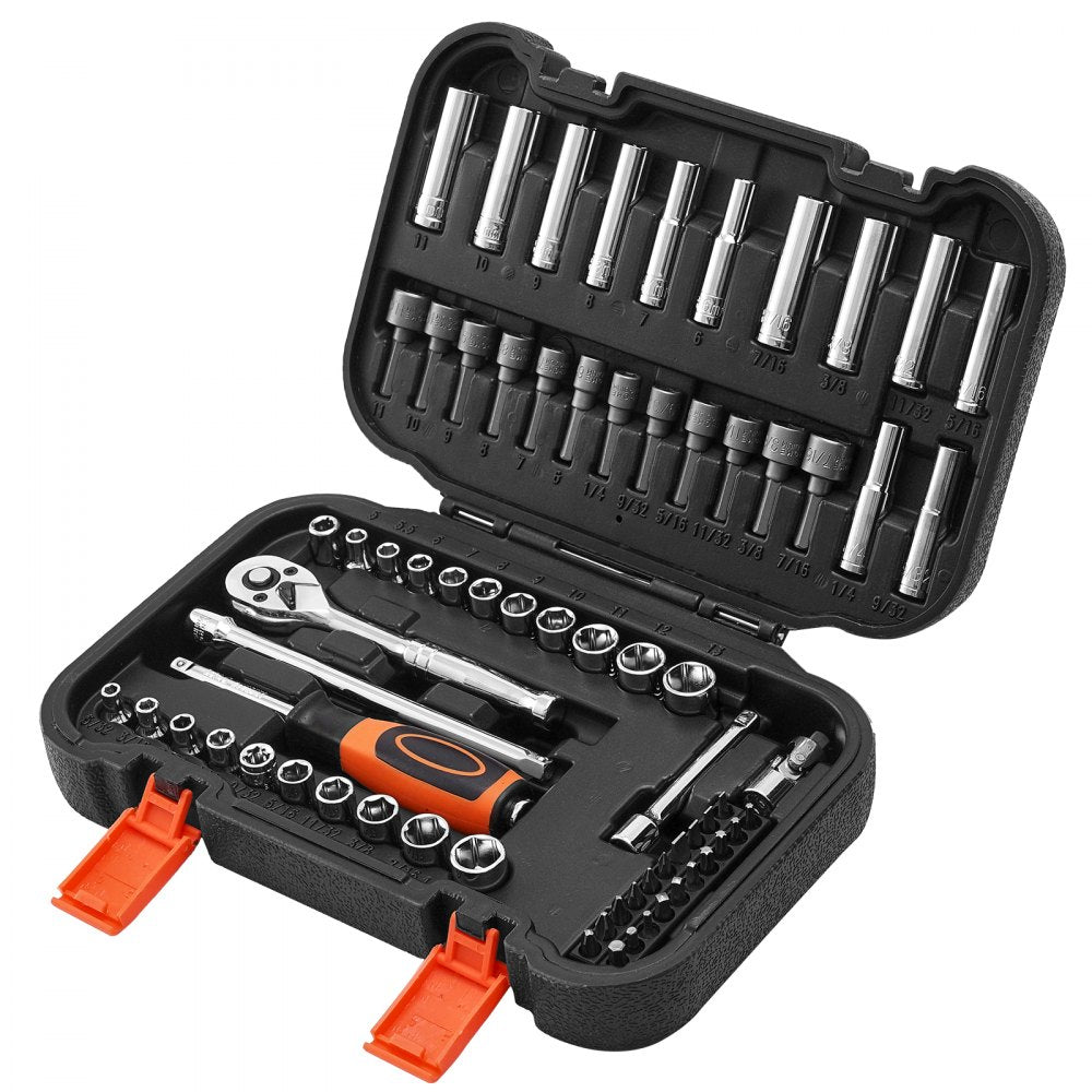 VEVOR Socket Set, 70 Pieces, 1/4 inch Drive Socket and Ratchet Set, SAE and Metric, Deep and Shallow, Mechanic Tool Kit with Bits, Accessories and Storage Case, CR-V Alloy Steel, for Automotive Repair