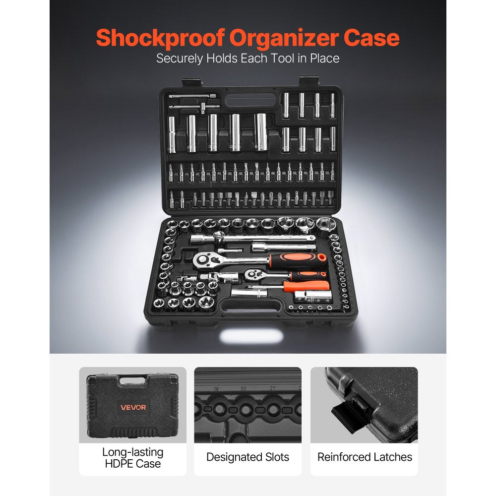 VEVOR Socket Set, 108 Pieces, 1/4 & 1/2 inch Drive Socket and Ratchet Set, Metric Size from 4 to 32 mm, Mechanic Tool Kit with Bits, Accessories, Storage Case, CR-V Alloy Steel, for Automotive Repair