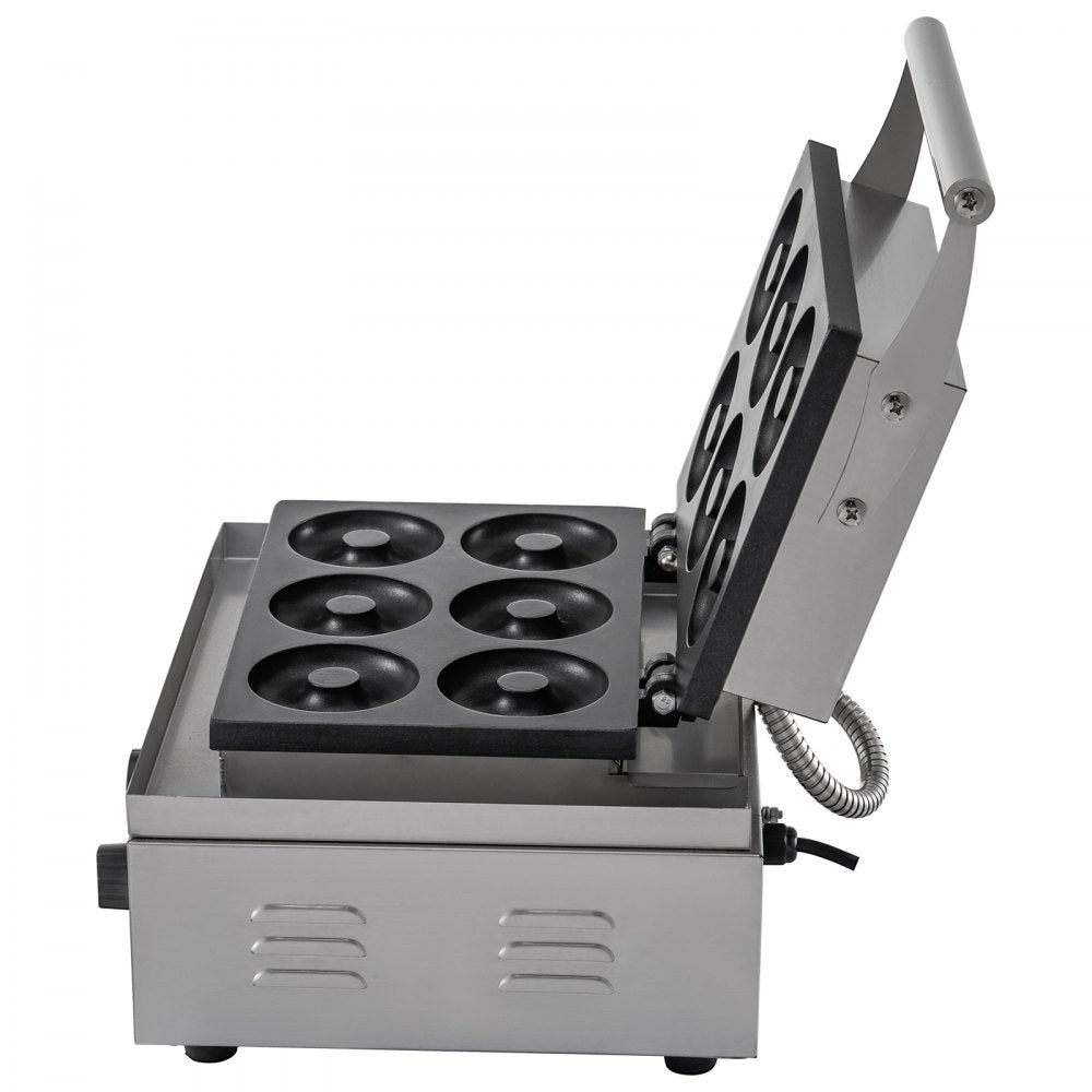 VEVOR 110V Commercial Waffle Donut Machine 6 Holes Double-Sided Heating 50-300℃, Electric Doughnut Maker 1550W, Non-stick Donut MakerTeflon-Coating for Professional Kitchen (Depth:0.55\",Dia:2.95\")