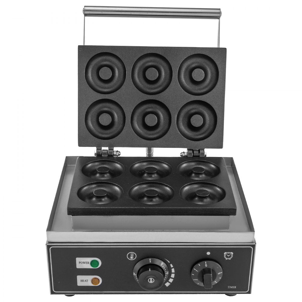 VEVOR 110V Commercial Waffle Donut Machine 6 Holes Double-Sided Heating 50-300℃, Electric Doughnut Maker 1550W, Non-stick Donut MakerTeflon-Coating for Professional Kitchen (Depth:0.55\",Dia:2.95\")