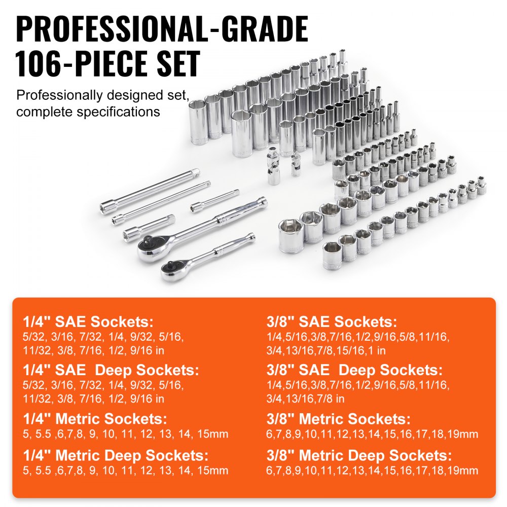 VEVOR Socket Set, 1/4" and 3/8" Drive Socket and Ratchet Set, 6-Point Socket Opening, 106 Pcs Tool Set SAE and Metric, Deep and Standard Sockets, 5/32-1 in, 5-19 mm, with Accessories, Storage Case