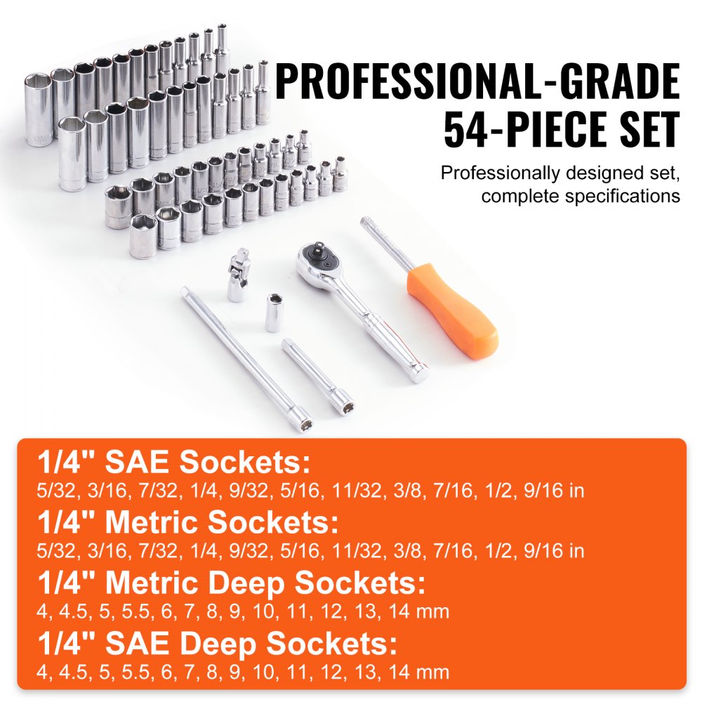 VEVOR Socket Set, 1/4 Inch Drive Socket and Ratchet Set, 6-Point Socket Opening, 54 Pieces Tool Set SAE and Metric, Deep and Standard Sockets, 5/32-9/16 in, 4-14 mm, with Accessories, Storage Case