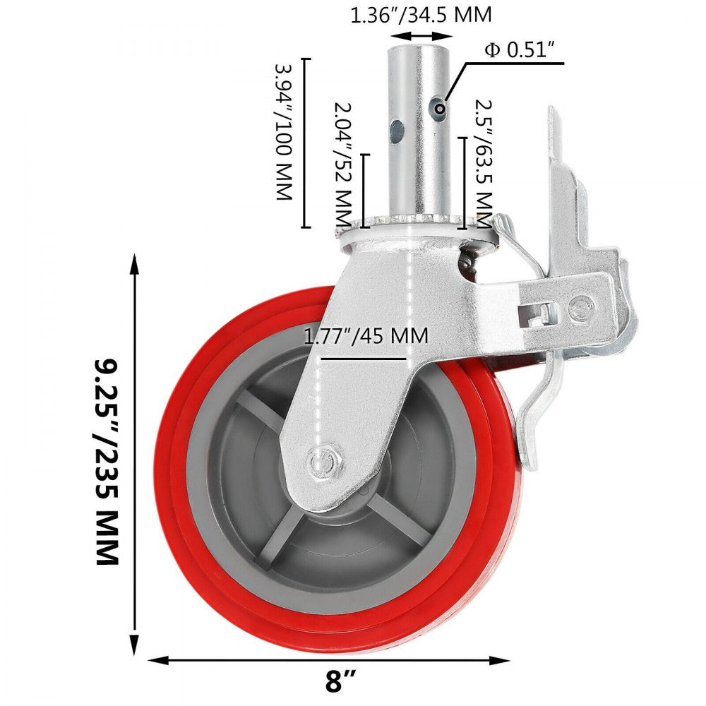 VEVOR Scaffolding Wheels Set of 4, 8\" - Scaffolding Casters Heavy Duty, 3200 Lbs Per Set - Locking Stem Casters with Brake, Red Polyurethane - Replacement for Scaffold, Shelves, Workbench