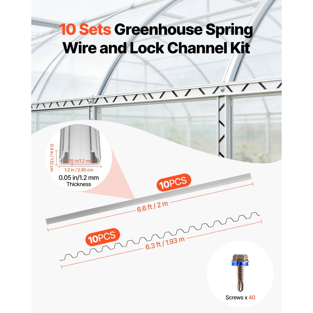 VEVOR Greenhouse Spring Wire and Lock Channel, 10 Packs 6.56 ft PVC-Coated Wiggle Wire & Aluminum Alloy Channel Bundle Kit with Included Screws, 0.05 in Thickened, Poly Film & Shade Cloth Attachments