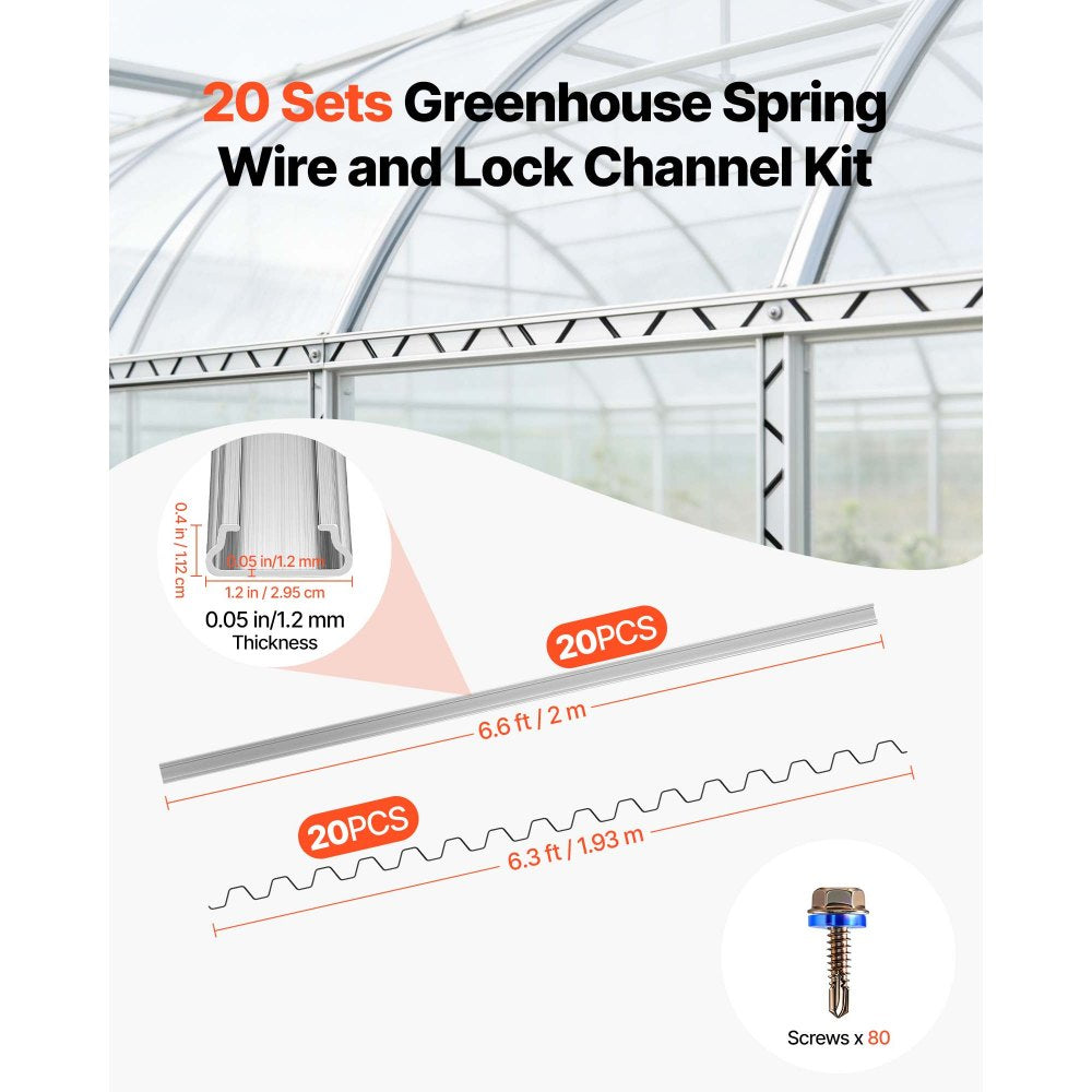VEVOR Greenhouse Spring Wire and Lock Channel, 20 Packs 6.56 ft PVC-Coated Wiggle Wire & Aluminum Alloy Channel Bundle Kit with Included Screws, 0.05 in Thickened, Poly Film & Shade Cloth Attachments